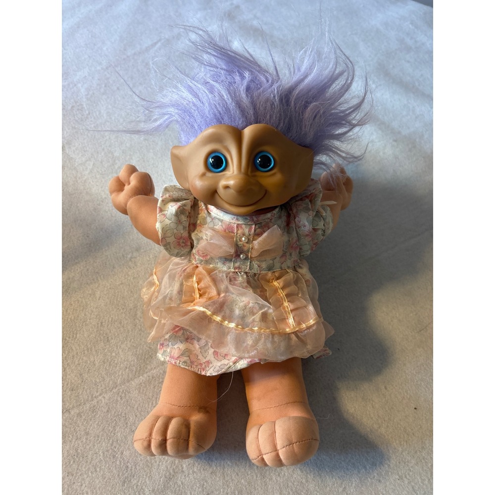 Vintage 1991 Ace Novelty Treasure Troll Purple Hair Heart Wishstone Floral Dress